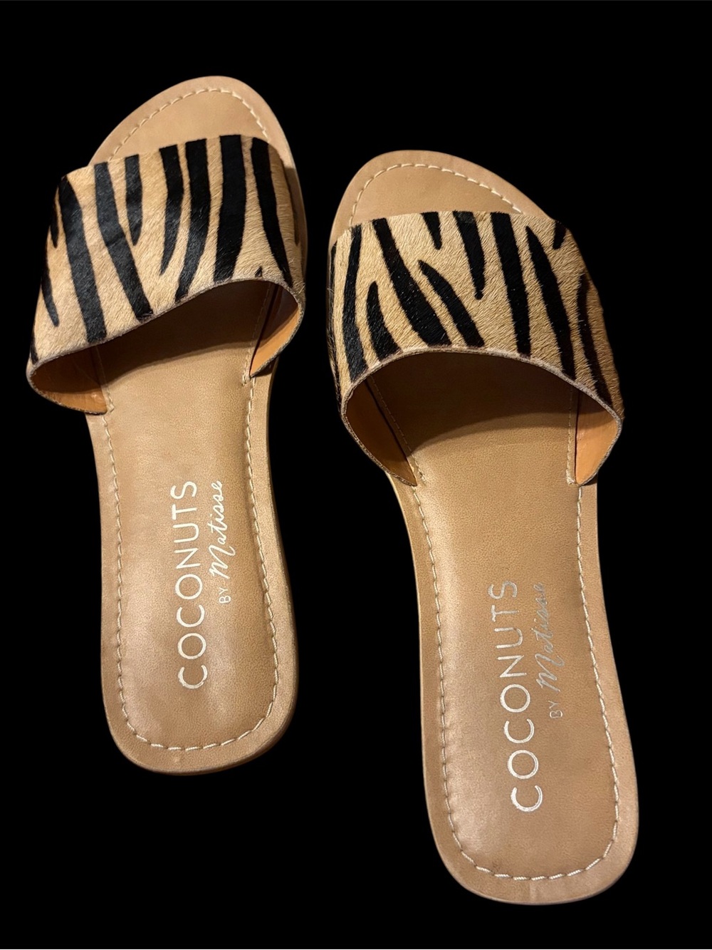 COCONUTS Zebra slides by Matisse - size 10 M - khaki & black - worn 3x like new!